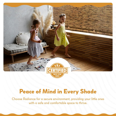 Two children playing indoors near wooden blinds, highlighting Cordless Bamboo Blinds Waterproof Roller Shades For Porch And Patio Roll Up Bamboo Shades For Inside Mount Indoor And Outdoor Privacy Screen In Cocoa 48 By 72 Inches.