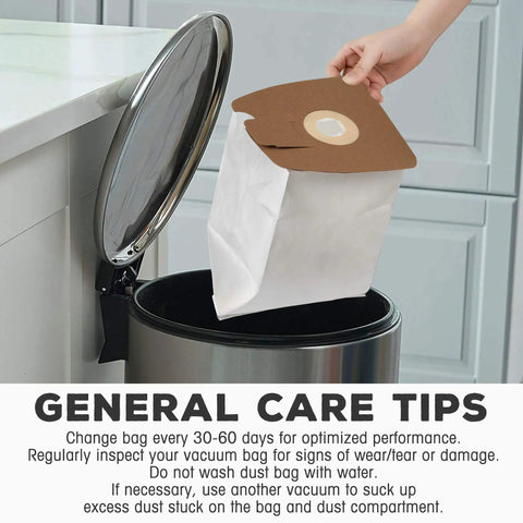 Inserting Replacement Dust Bags For Eureka And Sanitaire Mighty Mite Canisters MM Style into trash bin, focus on cardboard top