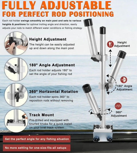 Heavy-Duty Triple Rod Tree For Boats, 3 Aluminum Rod Holders With 360 Degree Swivel And 180 Degree Tilt, gunnel track mount