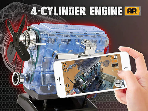 Build Your Own Visible Model Engine Kit With Four Cylinder Internal Combustion Mechanics, Realistic Sounds And Illumination, 100 Plus Pieces, STEM And Physics Based Replica Toy For Education And Hands On Fun; clear 4-cylinder engine with phone