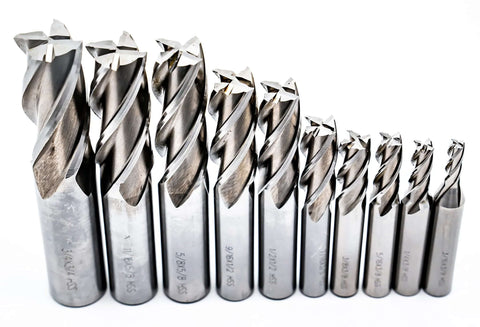 End mill set, HSS, 20 pieces, two- and four-flute cutters, silver metal