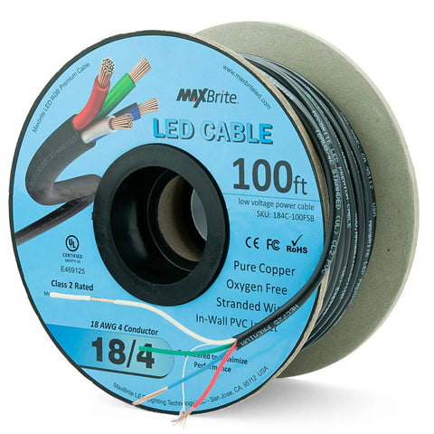 Spool of 100 Ft 18 AWG Low Voltage LED Cable Four Conductor In Wall RGB Wire With Black Jacket UL Listed Class 2 Rated