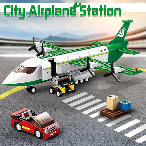 Awesome City Cargo Plane Building Set with car, blocks, and airport stairs on tarmac