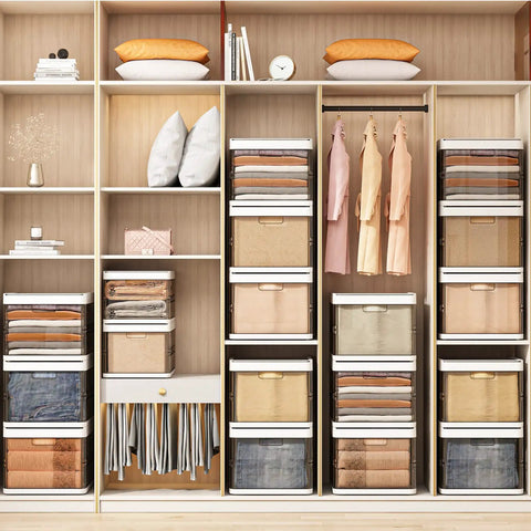Closet with Three-Pack Stackable Clothes Organizer Bins with Sliding Rails and Removable Lids, organized T-shirts and pants visible