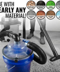 Low-Pro Plus Cyclone Dust Separator for Shop Vacuums, High-Flow Dust Collection Kit With 2.5 In Adapter And 3 Ft Hose, Fits Standard 5-Gallon Buckets, Made In USA, Keeps Filters Clean And Airflow Strong installed with vacuum showing compatibility with multiple materials