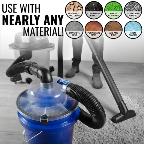 Low-Pro Plus Cyclone Dust Separator for Shop Vacuums, High-Flow Dust Collection Kit With 2.5 In Adapter And 3 Ft Hose, Fits Standard 5-Gallon Buckets, Made In USA, Keeps Filters Clean And Airflow Strong installed with vacuum showing compatibility with multiple materials