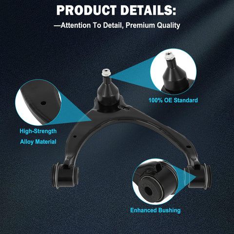 Front suspension control arm kit with upper and lower arms and ball joints, black alloy with enhanced bushings