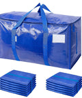 12 Pack Of Extra Large Heavy Duty Moving Bags With Zippers And Thick Handles shown in blue with folded stacks, waterproof design