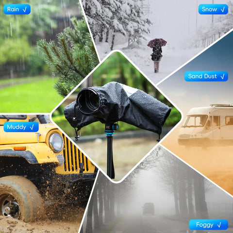 All Weather Pro Camera Rain Cover for DSLR and Mirrorless Cameras protecting in rain, snow, muddy, sand, and foggy conditions.
