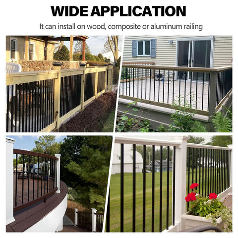 101 Pack 26 Inch Hollow Aluminum Deck Balusters For Railing And Fencing installed on various deck railings.