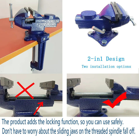 Do-It-All Bench And Table Vise With Clamp-On Mount, 360 Degree Swivel, End-Point Lock, blue 2.5-Inch Jaw close-up and installed view