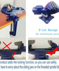 2-In-1 Dual-Purpose Bench Vise And Table Vise With End-Point Locking Device Portable Universal Clamp-On Vise Rotates 360 Degrees 3.0 Inch Jaw For Heavy-Duty Precise Metalworking Projects Blue, shown clamped to a table with close-up details of its locking mechanism and swivel base.