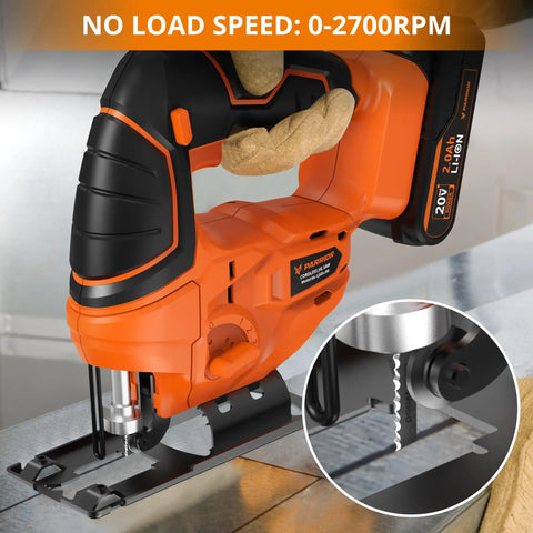 Cordless Jigsaw Kit With 20V Battery And Charger, 2700 RPM Cutting, 80mm Wood And Metal Depth, For Wood Plastic Metal Projects, Lightweight Portable Power Saw For DIY And Pro Use, orange jigsaw cutting metal