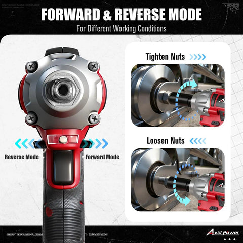 Brushless 1/2-Inch Impact Wrench With 450 Nm Max Torque, 332 Ft-Lbs, 20V Cordless Tool showing forward and reverse modes