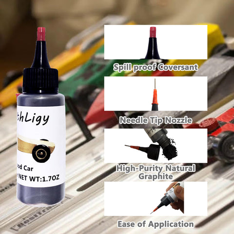 1.7OZ Graphite Powder for Pinewood Derby Cars Premium Dry Lubricant With Pointed Applicator next to derby track