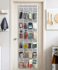 24 Pocket Crystal Clear Over The Door Shoe Organizer Gray 64 Inches High 19 Inches Wide hanging on door with items inside.