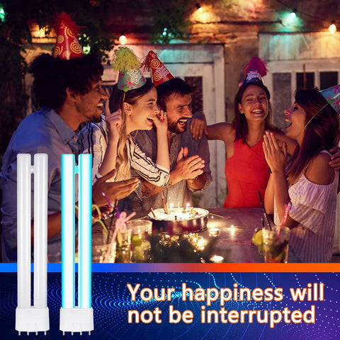 4 Pack 8.6 Inch 18W H Shaped Bug Zapper Replacement Bulbs With 4 Pin Base beside party setting at night