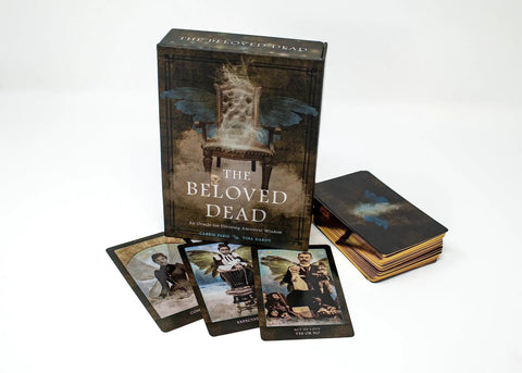 The Beloved Dead Oracle Deck & Guidebook For Divine Ancestral Wisdom, 82 Cards And 144 Page Full Color Manual, displayed with cards.