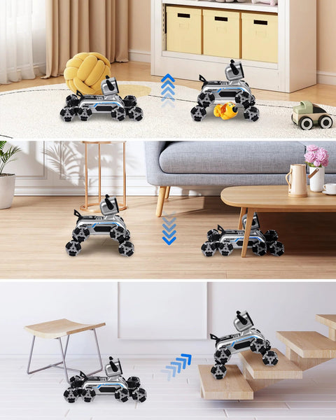 HuiJuKeJi interactive robot dog RC stunt car with gesture sensing, 2.4GHz, 4 mecanum wheels, LED eyes, blue accents.