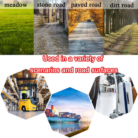 Badass Heavy Duty Industrial Caster Wheels With Two Swivel Brakes And Smooth Roll Solid Eight Or Ten Inch Setup For Pro Transport Trolley Rigs used on meadow, stone, paved, and dirt roads.