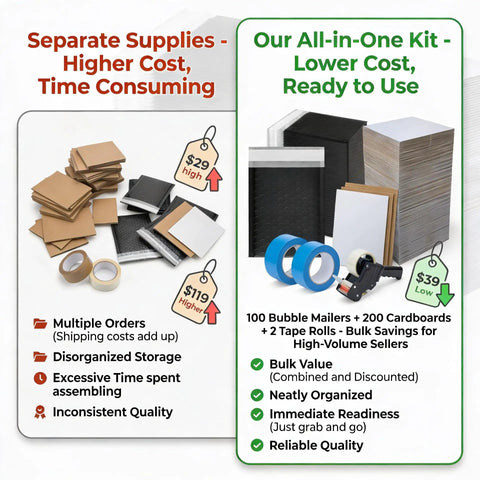 Comparison of separate supplies vs. 302 Pcs Trading Card Shipping Supplies Kit Ready To Ship With Heavy Duty Bubble Mailers And Card Sleeves.