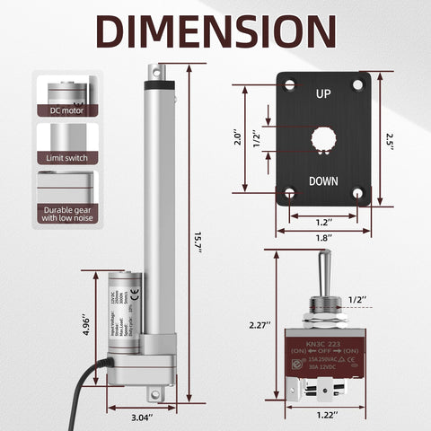 Front view of 3000N/660lbs 12V linear actuator with 10-inch stroke, showing mounting plate and control switch