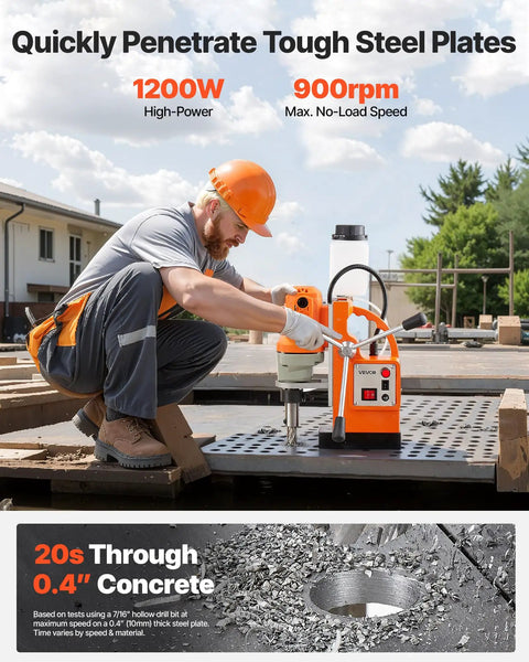 Worker using Magnetic Drill Press 1200W For Metalwork With 1.5 Inch Boring Diameter And 900 RPM Weldon Shank on steel plate