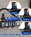 Pro Grade All In One 1/4 Inch NPT Air Filter Regulator Lubricator Combo mounted on wall, steps to adjust pressure shown