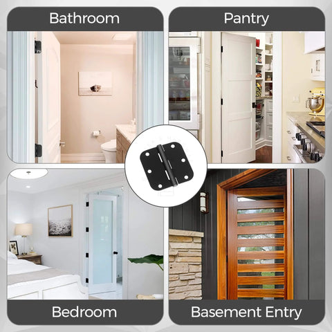 Collage showing bathroom, pantry, bedroom, and basement with 30 Pack Matte Black Door Hinges 3.5 Inch Radius Five Eighth Inch Interior