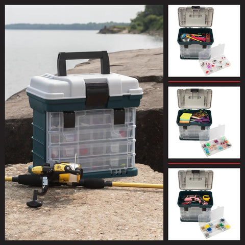 Ultra Handy Portable Tool Box Small Parts Organizer with four removable drawers, customizable compartments, and top storage tray.