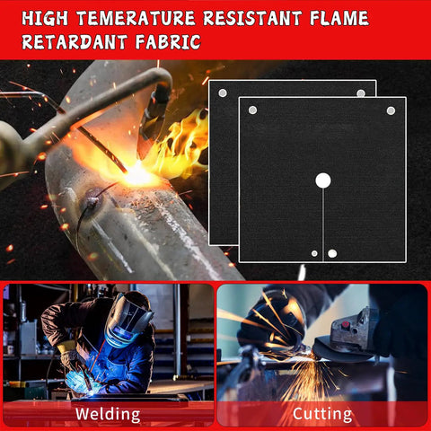 Two 12x12 Inch Welding Blankets With Cutout Opening And Snap Button Wrap For Hands Free Soldering, Brazing, Plumbing And Copper Pipe Protection, Heat Shield Mat That Keeps Walls And Equipment Safe, Flame Resistant Cloth For HVAC Torch Work shown with welding and cutting applications.