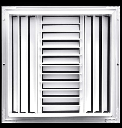 Front view of Aluminum 4-Way Adjustable Air Diffuser With Curved Blades For HVAC Duct Vent Cover 10 Inch by 10 Inch against black.