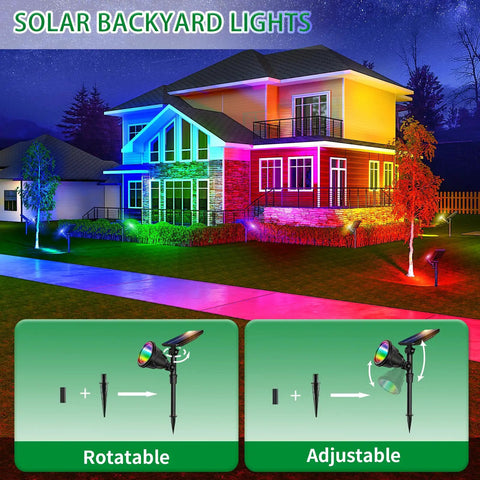 Solar Spotlights Outdoor 600LM Set Of 2 Waterproof Landscape Lights in front of a house with pool and garden at night