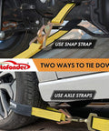 Heavy Duty Car Tie Down Kit With Snap Hooks 10,000 Lb Break Strength showing snap strap and axle strap usage on vehicle