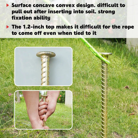 Beefy Heavy Duty 30 Inch Rebar Stakes 9 Sixteenth Inch Diameter Galvanized Steel Ground Anchors shown in use in grass