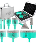 LEKOMESH tile hole saw kit with turquoise diamond core bits 6-100mm, finger and chamfer bits in open aluminum case.
