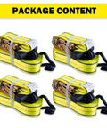 Heavy Duty Ratchet Straps 4 Pack 1-1/2 X 15 Ft With Coated Steel Ratchet And Double Thick Polyester Webbing For Scratch Free Tie Downs, 3,000 Lbs Break Strength, 1,000 Lbs Working Load Limit, Wire Hook Ends And J Hooks displayed in package.