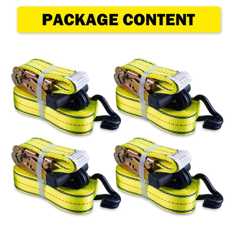 Heavy Duty Ratchet Straps 4 Pack 1-1/2 X 15 Ft With Coated Steel Ratchet And Double Thick Polyester Webbing For Scratch Free Tie Downs, 3,000 Lbs Break Strength, 1,000 Lbs Working Load Limit, Wire Hook Ends And J Hooks displayed in package.