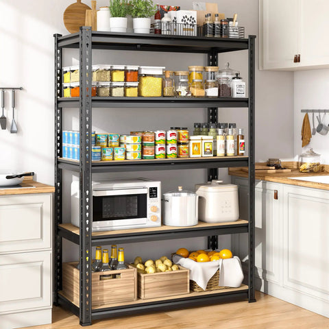 Detachable 5 Tier Storage Shelves For Pantry Kitchen Closet, Adjustable Modular Metal Shelving System With Height Configurable Levels, Easy Setup And Quick Disassembly For Flexible Home Organization, black metal pantry shelf with wooden boards
