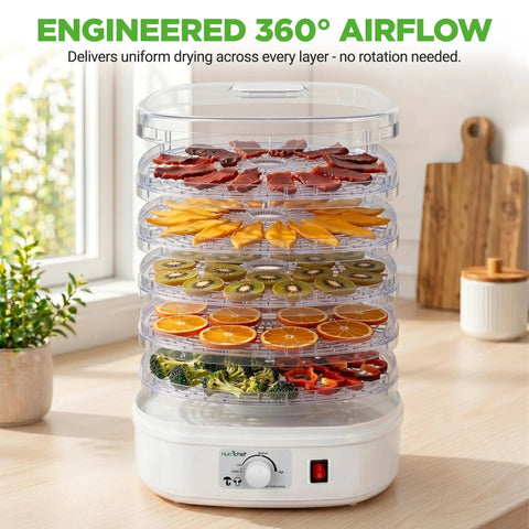 Five Tray Electric Food Dehydrator With Pro Airflow Circulation For Making Beef Jerky Dried Fruit And Homemade Dog Treats No Sweat Cleanup Countertop Build Great For Go Big On Healthy Snacks displaying layers of beef jerky, fruits, and vegetables.