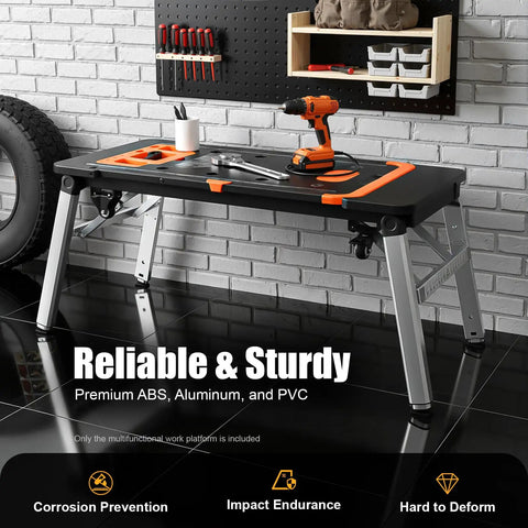 Tough As Nails Folding Work Table, 330 Lb Capacity Adjustable Workbench, 7 In 1 Roll Smooth Platform With Secure Grip Universal Wheels, Collapsible Auto Repair Skateboard And Shop Workhorse Cart For Trades