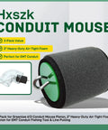 Dead Serious 2 Inch Conduit Mouse Piston 3 Pack Tough Foam Sealing Plugs for EMT IMC Rigid Pipe with a green handle.