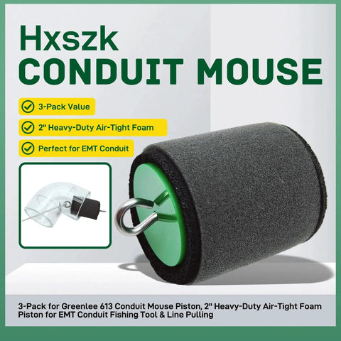 Dead Serious 2 Inch Conduit Mouse Piston 3 Pack Tough Foam Sealing Plugs for EMT IMC Rigid Pipe with a green handle.