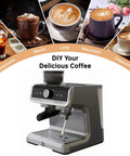 Professional Twenty Bar Espresso Machine With Integrated Grinder And PID Temperature Control featuring a sleek design for easy coffee making.
