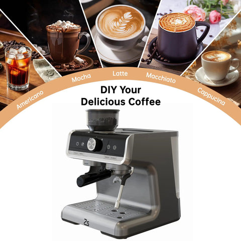 Professional Twenty Bar Espresso Machine With Integrated Grinder And PID Temperature Control featuring a sleek design for easy coffee making.