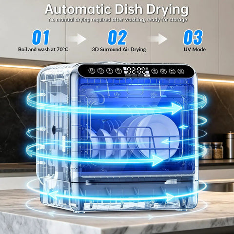 Sleek Portable Countertop Dishwasher Packed With A Built In Five Liter Water Tank Whisper Quiet One Touch Controls Multiple Wash Cycles And A Full Accessory Kit Making Dish Duty A Breeze For Apartments And RV Trips showing automatic dish drying feature.