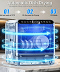 Compact Countertop Dishwasher Portable Unit With Smart Touchpad And 5 Liter Built Tank Ultra Quiet 40 Db Cycle in action drying dishes.