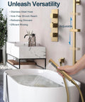 GRANDJOY 12" Shower System with Handheld Spray, Brushed Gold featuring a stainless steel hose and adjustable shower head.