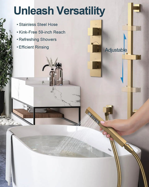 GRANDJOY 12" Shower System with Handheld Spray, Brushed Gold featuring a stainless steel hose and adjustable shower head.