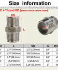 Size chart and specifications for Three Quarter Inch NPT Male Hex Nipple Fittings Set In 304 Stainless Steel Pipe Adapters